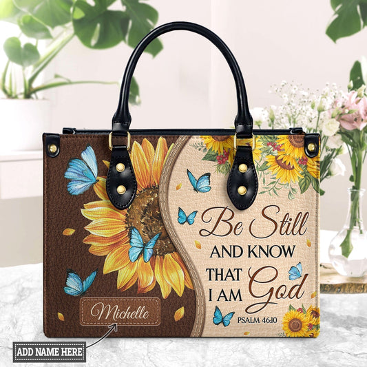 Be Still And Know That I Am God - Psalm 46:10 Sunflower Butterfly Leather Handbag