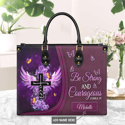 Be Strong And Courageous - Joshua 1:9 Purple Rose Leather Handbag