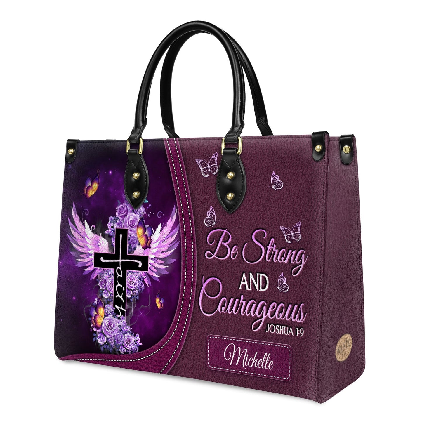 Be Strong And Courageous - Joshua 1:9 Purple Rose Leather Handbag