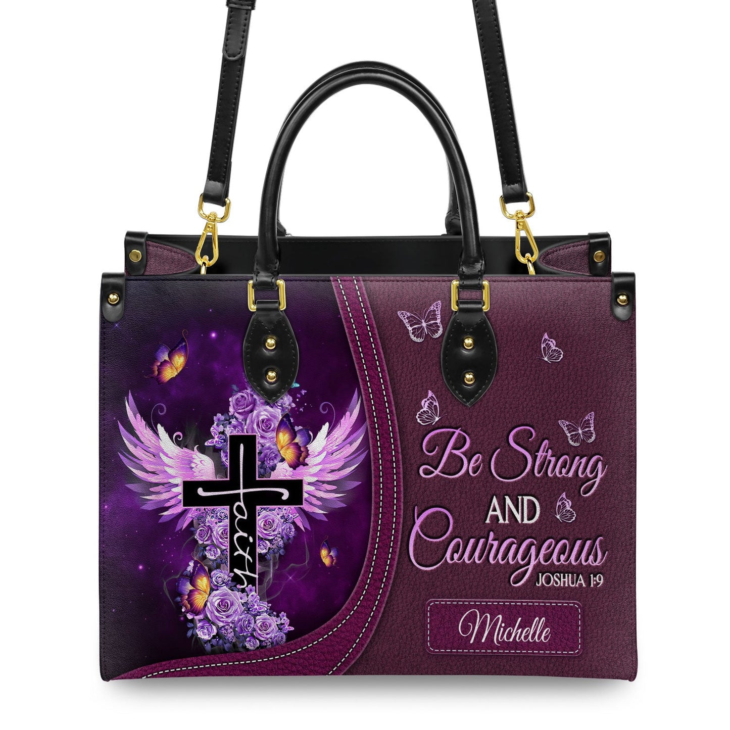 Be Strong And Courageous - Joshua 1:9 Purple Rose Leather Handbag