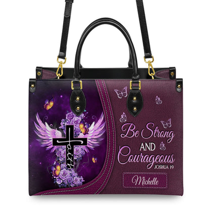 Be Strong And Courageous - Joshua 1:9 Purple Rose Leather Handbag