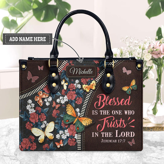 Elegant Leather Handbag – “Blessed Is the One Who Trusts in the Lord” Butterfly Flower Pattern