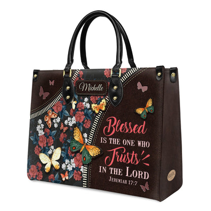 Elegant Leather Handbag – “Blessed Is the One Who Trusts in the Lord” Butterfly Flower Pattern