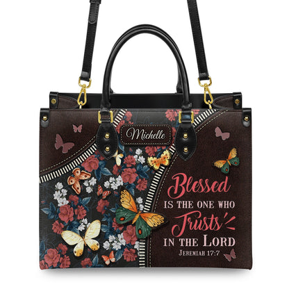 Elegant Leather Handbag – “Blessed Is the One Who Trusts in the Lord” Butterfly Flower Pattern