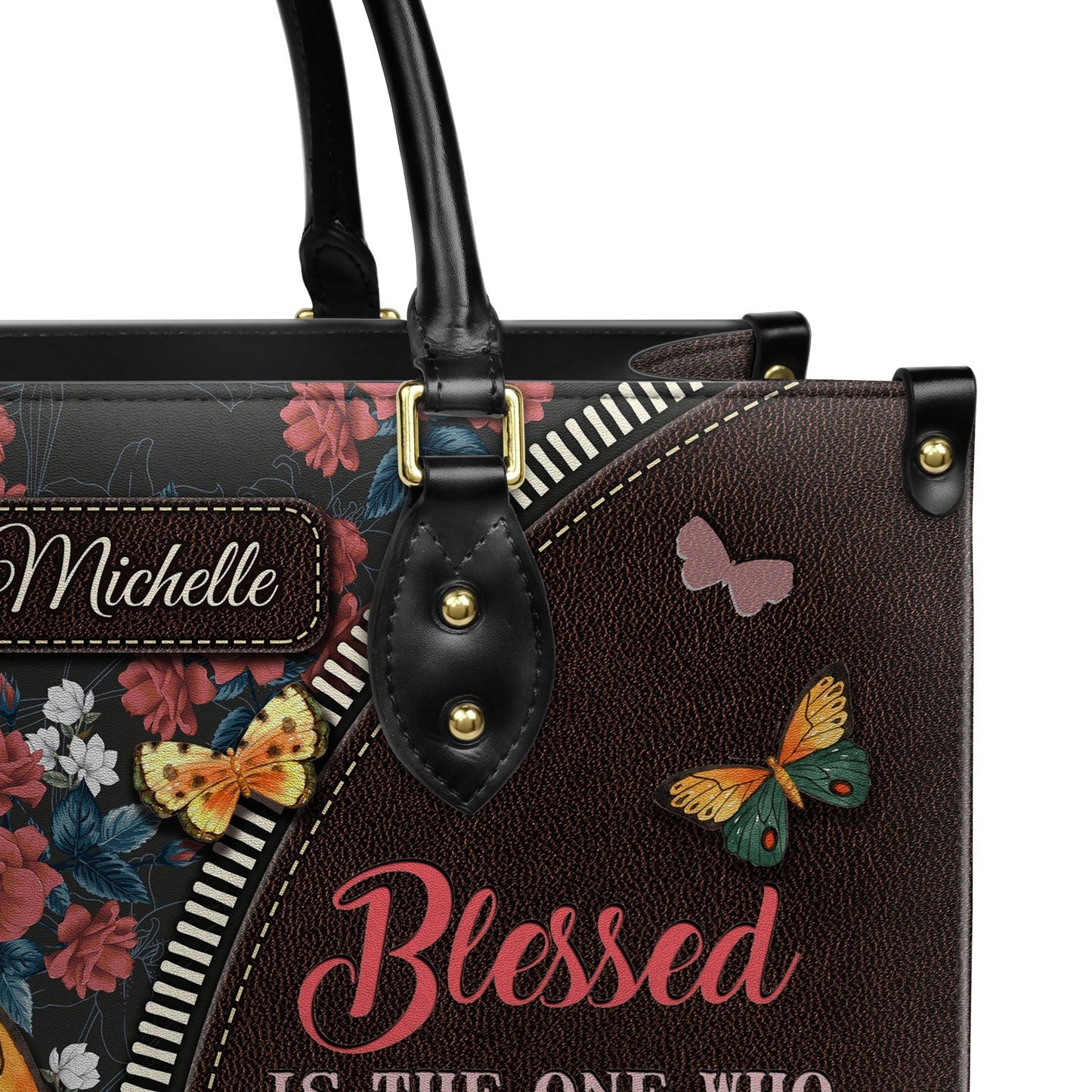 Elegant Leather Handbag – “Blessed Is the One Who Trusts in the Lord” Butterfly Flower Pattern