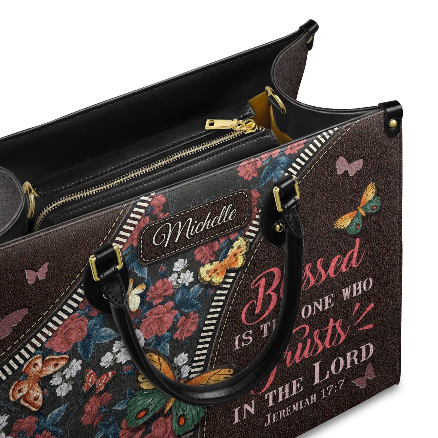 Elegant Leather Handbag – “Blessed Is the One Who Trusts in the Lord” Butterfly Flower Pattern