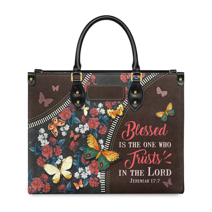 Elegant Leather Handbag – “Blessed Is the One Who Trusts in the Lord” Butterfly Flower Pattern