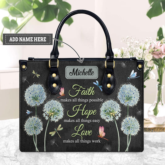 Faith Makes All Things Possible Dandelion Dragonfly Personalized Leather Handbag