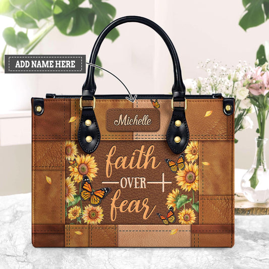 Faith Over Fear Butterfly Sunflower Personalized Leather Handbag