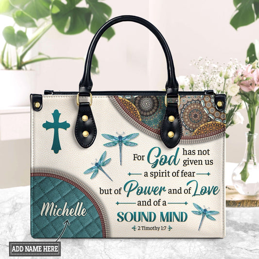 Empowering Leather Handbag – “For God Has Not Given Us a Spirit of Fear” 2 Timothy 1:7 Dragonfly Mandala