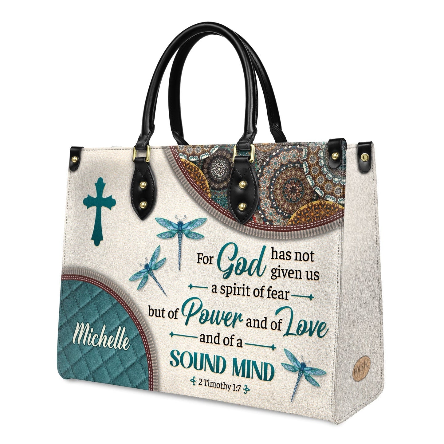 Empowering Leather Handbag – “For God Has Not Given Us a Spirit of Fear” 2 Timothy 1:7 Dragonfly Mandala