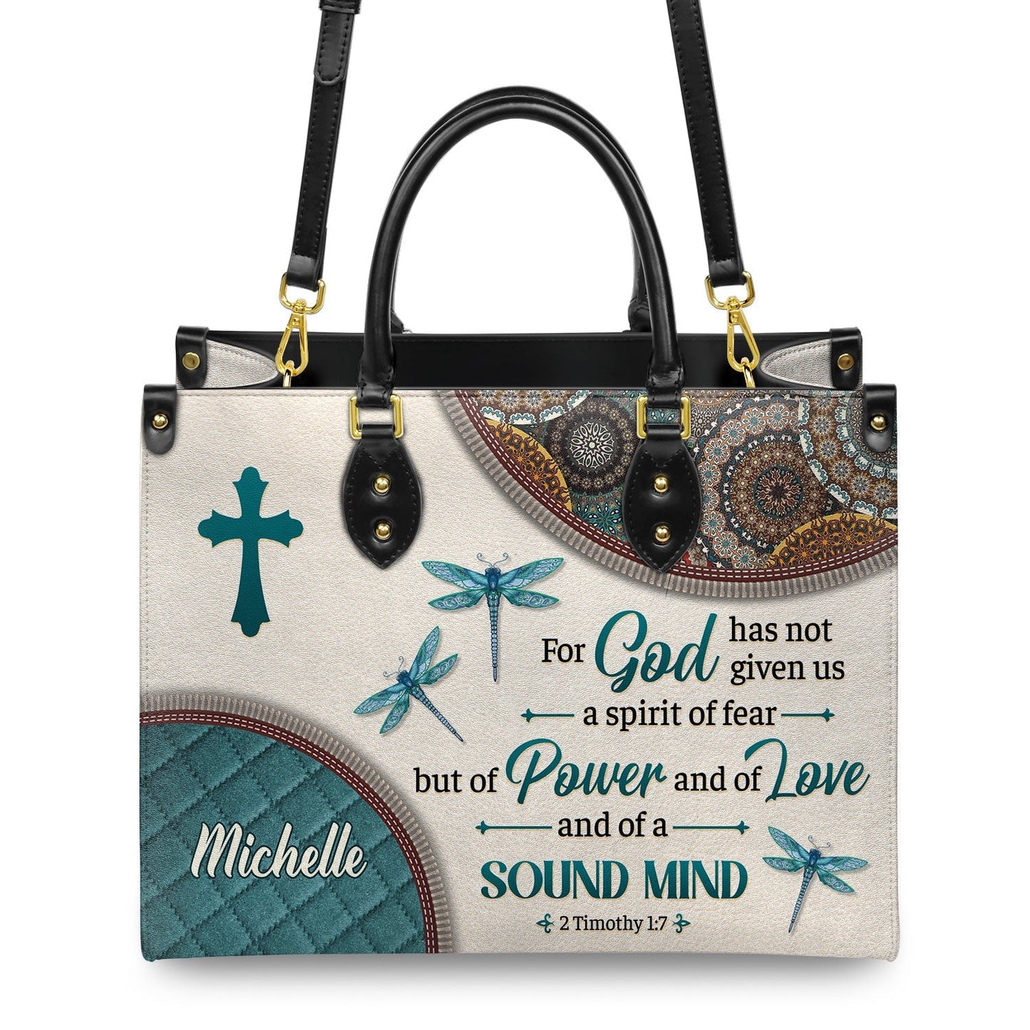 Empowering Leather Handbag – “For God Has Not Given Us a Spirit of Fear” 2 Timothy 1:7 Dragonfly Mandala