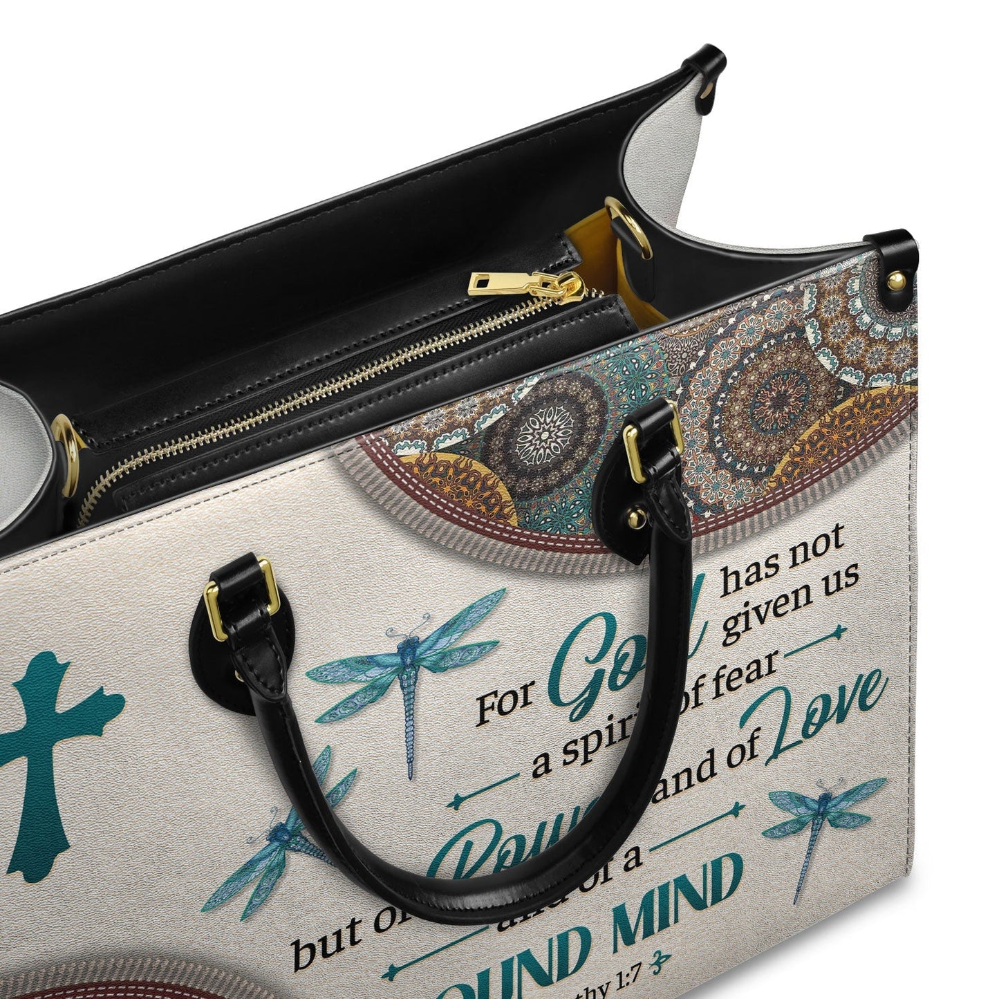 Empowering Leather Handbag – “For God Has Not Given Us a Spirit of Fear” 2 Timothy 1:7 Dragonfly Mandala