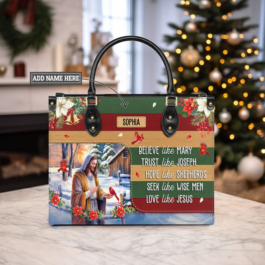 Faith-Inspired Leather Handbag – “Believe Like Mary, Trust Like Joseph, Love Like Jesus”