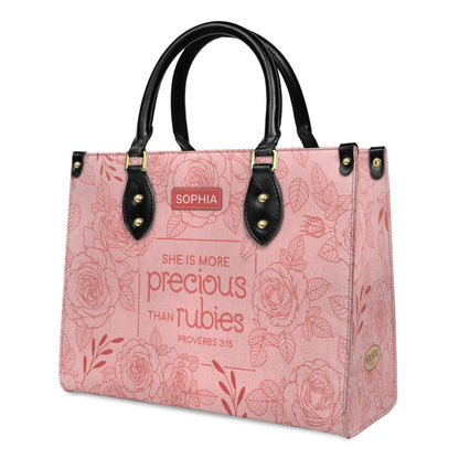 Faith Pink Flower Custom Quote - SHE IS MORE precious THAN rubies PROVERBS 3:15 - Personalized Leather Handbag