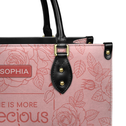 Faith Pink Flower Custom Quote - SHE IS MORE precious THAN rubies PROVERBS 3:15 - Personalized Leather Handbag